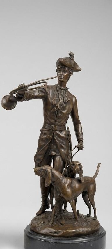 Bronze sculpture of a Nobelman with his two guard dogs.