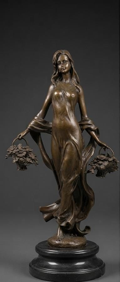 Bronze sculpture of a beautiful lady carrying two baskets of flowers.