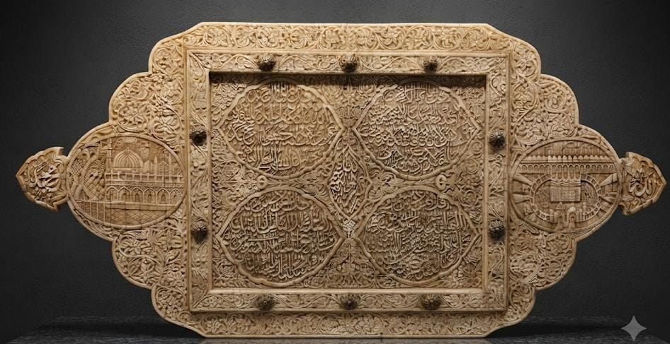 Camelbone panel of Makkah and Madinah with quran versus